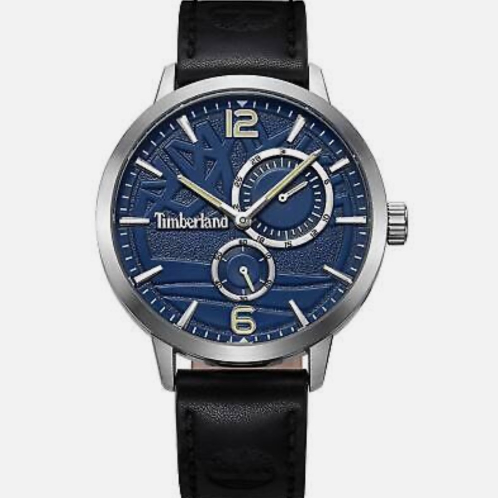 New Timberland Men's Watch Quartz Blue Dial Black Genuine Leather Strap